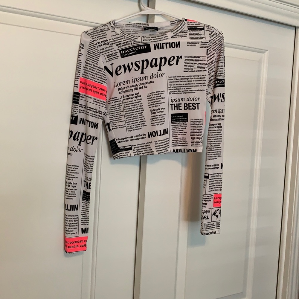 DAY G Newspaper Print Long Sleeve Crop Top; Size S; Never Worn